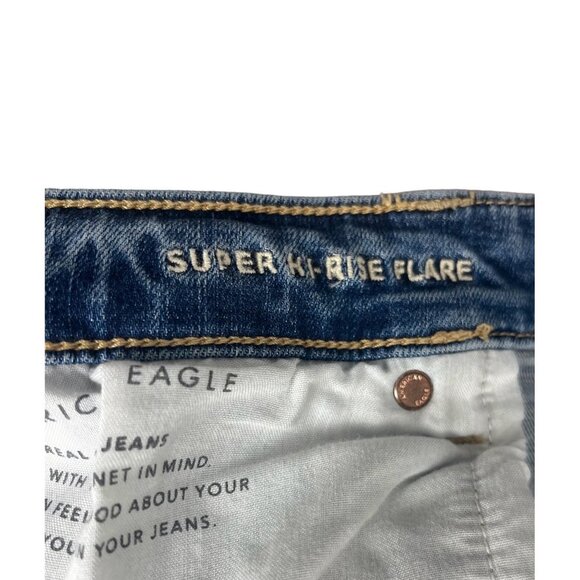 American Eagle Super High rise Flare raw hem distressed jeans sz 18S - Picture 3 of 11